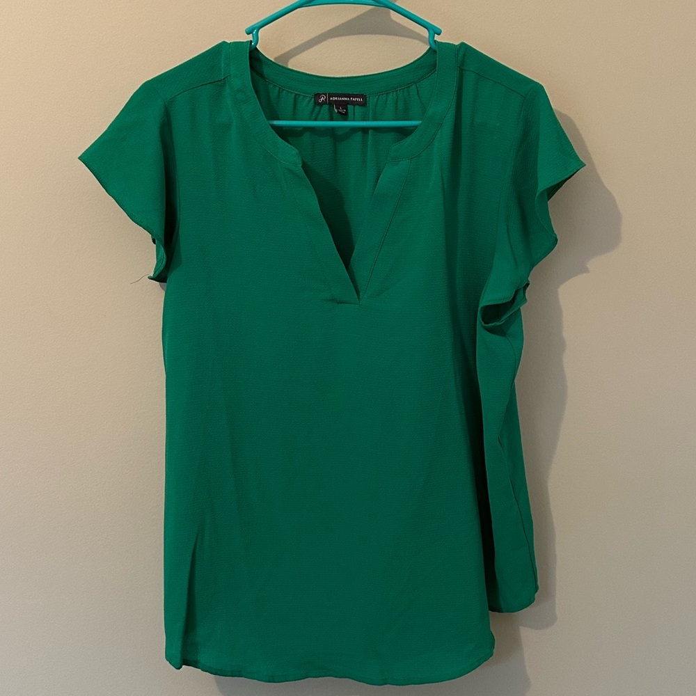 Adrianna Papell Emerald Green Flutter Sleeve V-Neck Blouse